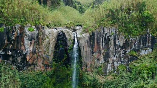 Huge Waterfall Streaming Mountain Aerial View Water Falling Dangerous Stones