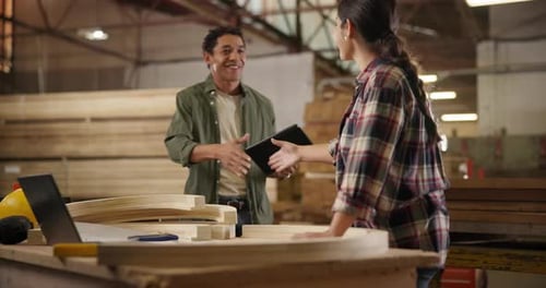 Carpentry, tablet and business people with handshake in factory for job interview