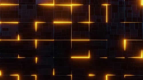 A dark background with yellow lines and squares, creating a visually striking pattern. Looped animat