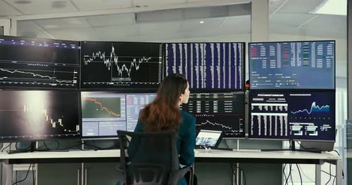 Back, woman and trader with computer for stock market, financial trading