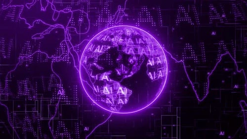 Futuristic Purple Digital Globe with AI Network Loop