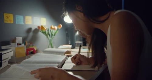 Focused Student Studies at Desk Late at Night