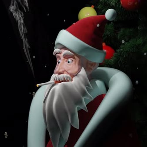. Gros plan d'un père Noël abstrait fumant une cigarette sur fond de neige