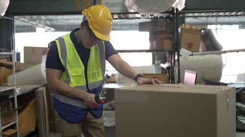 Blue collar worker is working at warehouse.