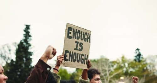 Fist, protest and group with sign, university and demand for change, students
