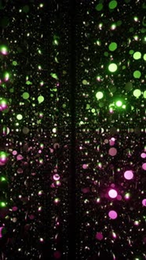 Vertical corridor of sparkling purple and green particles bokeh, glitter garland vj loop 3d render