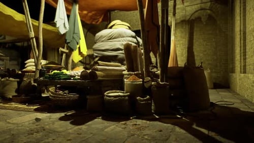 Rustic Night Market Stall With Spices And Produce