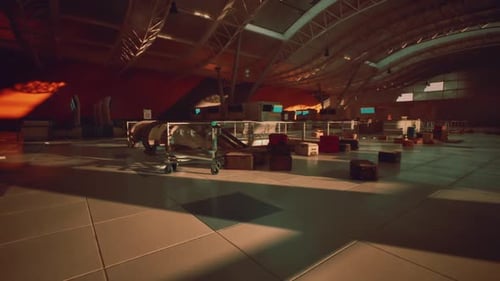 Abandoned Airport Interior with Scattered Luggage in Warm Afternoon Light