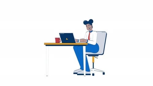 Animated Character Working on Laptop with Chat Bubble in Flat Design