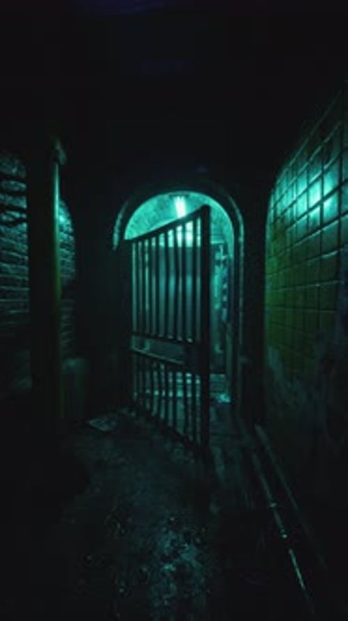 Dark Tunnel With Barred Iron Gate