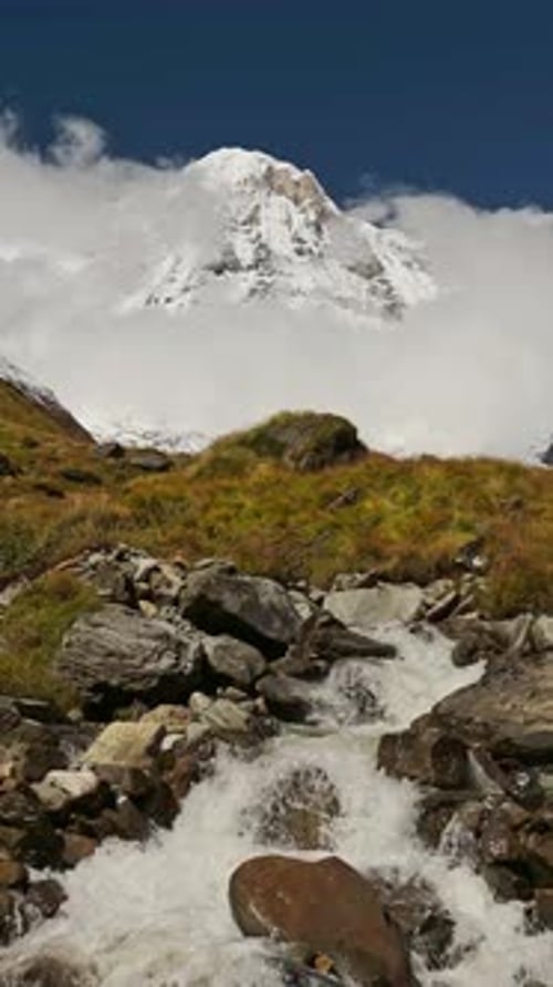 Vertical River and Mountains Scenery in Nepal, Vertical Video for Social Media Instagram Reels and T