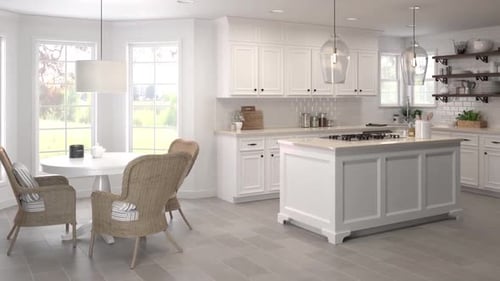 Modern kitchen with white cabinets and island