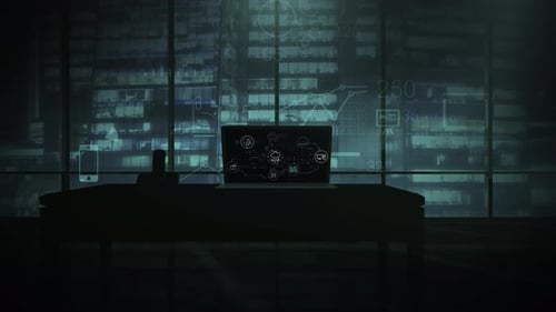 Representação de laptop da arquitetura do sistema em nuvem no escritório à noite
