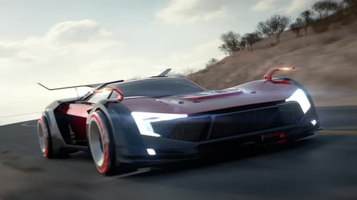 Driving a red and black futuristic sports car on the highway at sunset