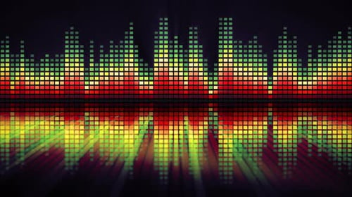 Vibrant soundwave visualization with red and yellow neon equalizer bars on dark background