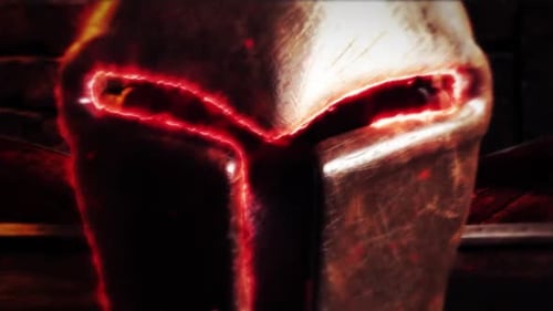 Epic Warrior Helmet Reveal with Fiery Glow and Arrows