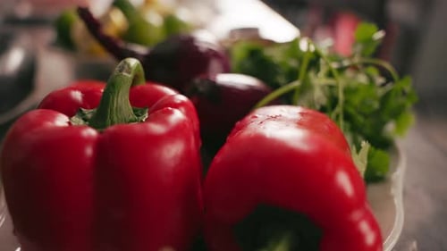Fresh Vegetables Still Life with Red Peppers and Onions