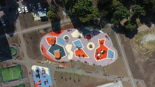 Aerial View on Modern Recreation Ground with Equipments for Kids at Urban Park Children Playing in