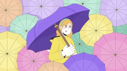 Flat Design Animation: Person with Colorful Umbrellas