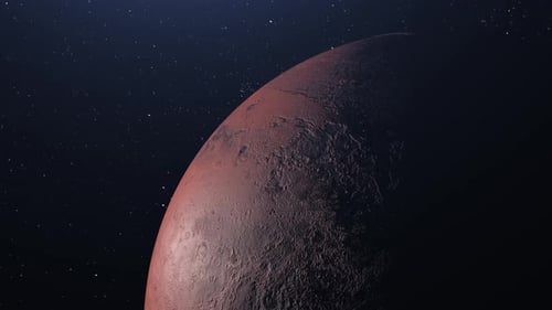 Flug über den Planeten Mars. Planet Mars unter den Sternen. Weltall. Universum.