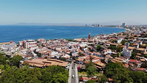 Aerial view of puerto vallarta's historic district and the bay's skyline in mexico