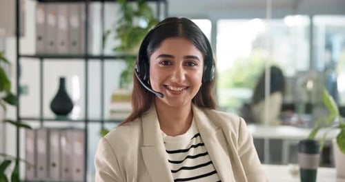 Happy woman, face and call center with headset for business help desk or customer service at office