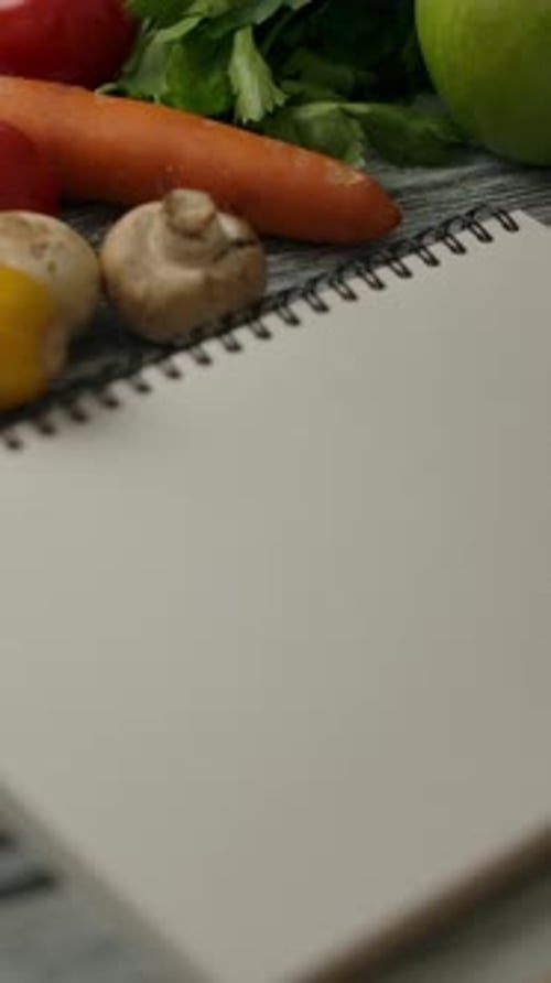 Vertical of Blank Notebook Near Cooking Ingredients on Wooden Table