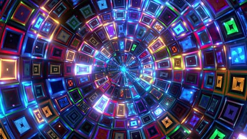 Vibrant Neon Geometric Square Light Tunnel Animation