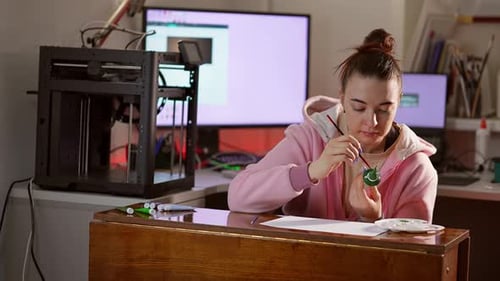 Cámara lenta de una alegre dama sentada en el taller cerca de una impresora tridimensional y una figura pintando