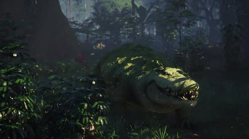Un crocodile caché dans une forêt tropicale dense à l'aube révèle sa nature sauvage