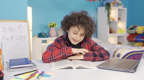 Successful and smart male primary school student reading a book, doing homework.