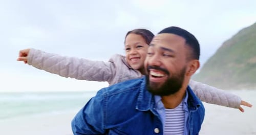 Family, beach and father playing with child for bonding, relationship and airplane in nature
