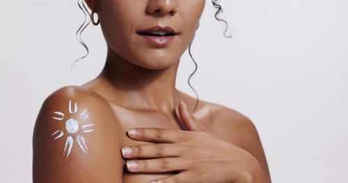 Closeup, woman and cream with skincare, cosmetics and dermatology on a white studio background