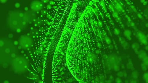 Abstract looping Green energy waves from futuristic hi-tech particles glowing background