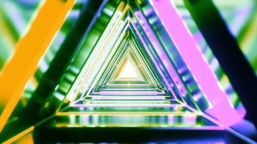 Running in rotating colorful neon triangle tunnel. Abstract background