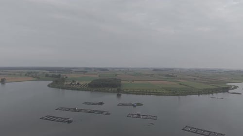 Aerial View Of River Landscape With Boats