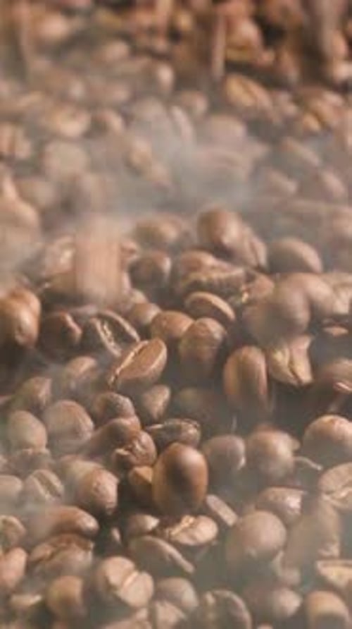 Vertical slow motion of roasted coffee beans falling. Organic coffee seeds.