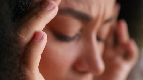 Close Up African American Woman Face Female Girl Businesswoman Massage Temples Head Pain Ache Ill