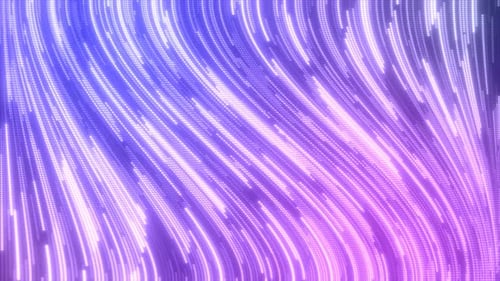 Abstract purple multi-colored glowing flying lines stripes of luminous dots and energy particles