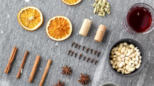 Mulled wine ingredients flat lay overhead angle