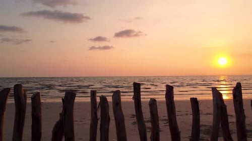 Tranquil sunset coastal beach row of wooden fence against the calm sea and golden sky