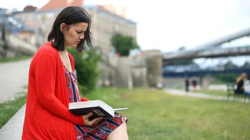 Young, Pretty Woman Reading Book Sitting On Ledge In City