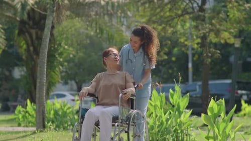 Caregiver and Senior Woman in Wheelchair Speaking on Walk
