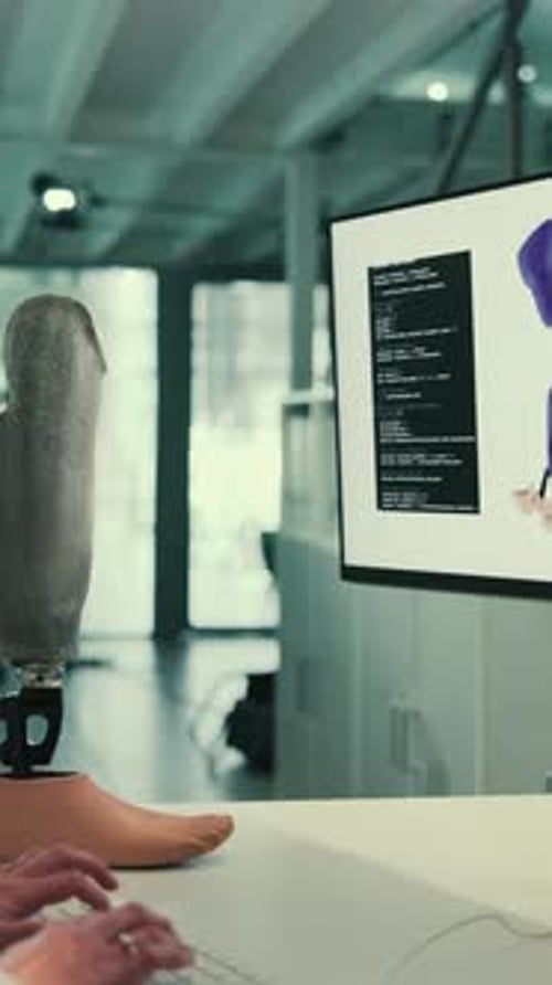 Labor, Computer und Person mit Beinprothese für Forschung, Innovation oder Design für die Medizin