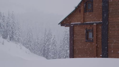 Cozy Wooden Cabin in Snowy Winter Forest