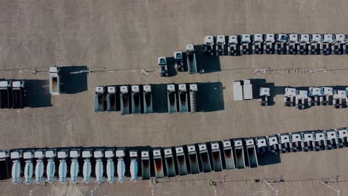 Aerial Drone View Of Organized Truck Fleet Park