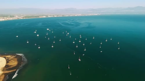 Aerial view of sailboats in Riviera Nayarit, Mexico. Puerto Vallarta in the background