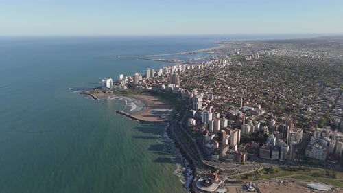 Aerial view of Mar del Plata coastline, beaches and Atlantic Ocean. Argentina