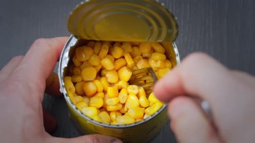 Canned Sweetcorn Picked Up with a Fork