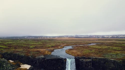 Aerial View of Arctic Oxarafoss Cascade